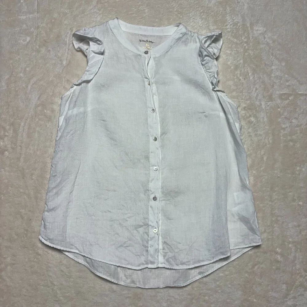 Lilly Pulitzer Womens Briette Button‎ Down Blouse Sz Medium White Vacation Linen